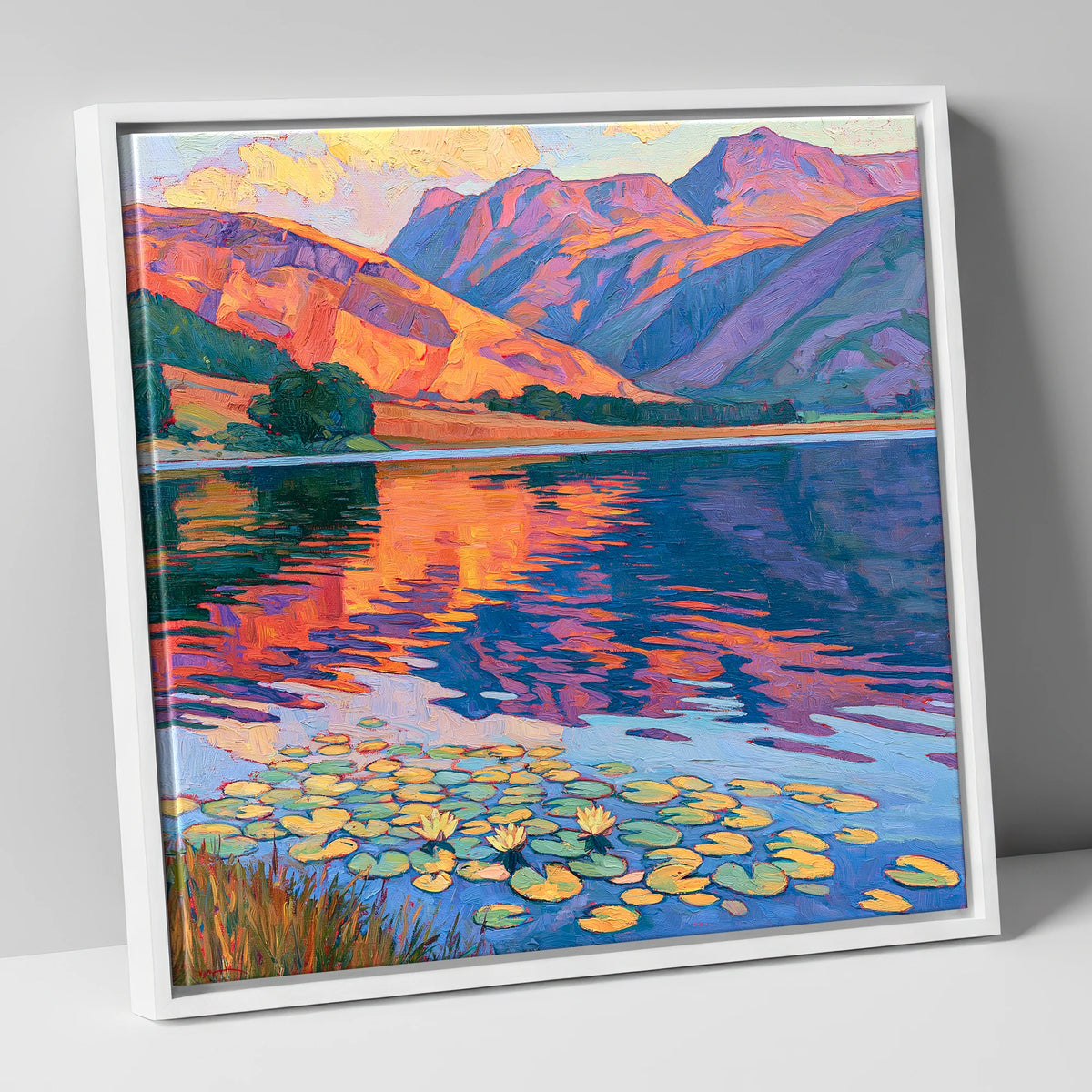 Sunset Reflections on Calm Lake lake district lake canvas wall art in white frame
