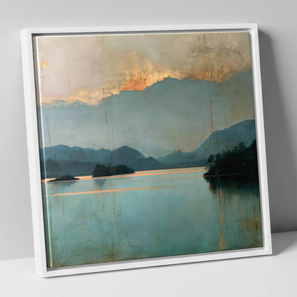 Golden Cloud Break at Derwentwater lake district lake canvas wall art in white frame