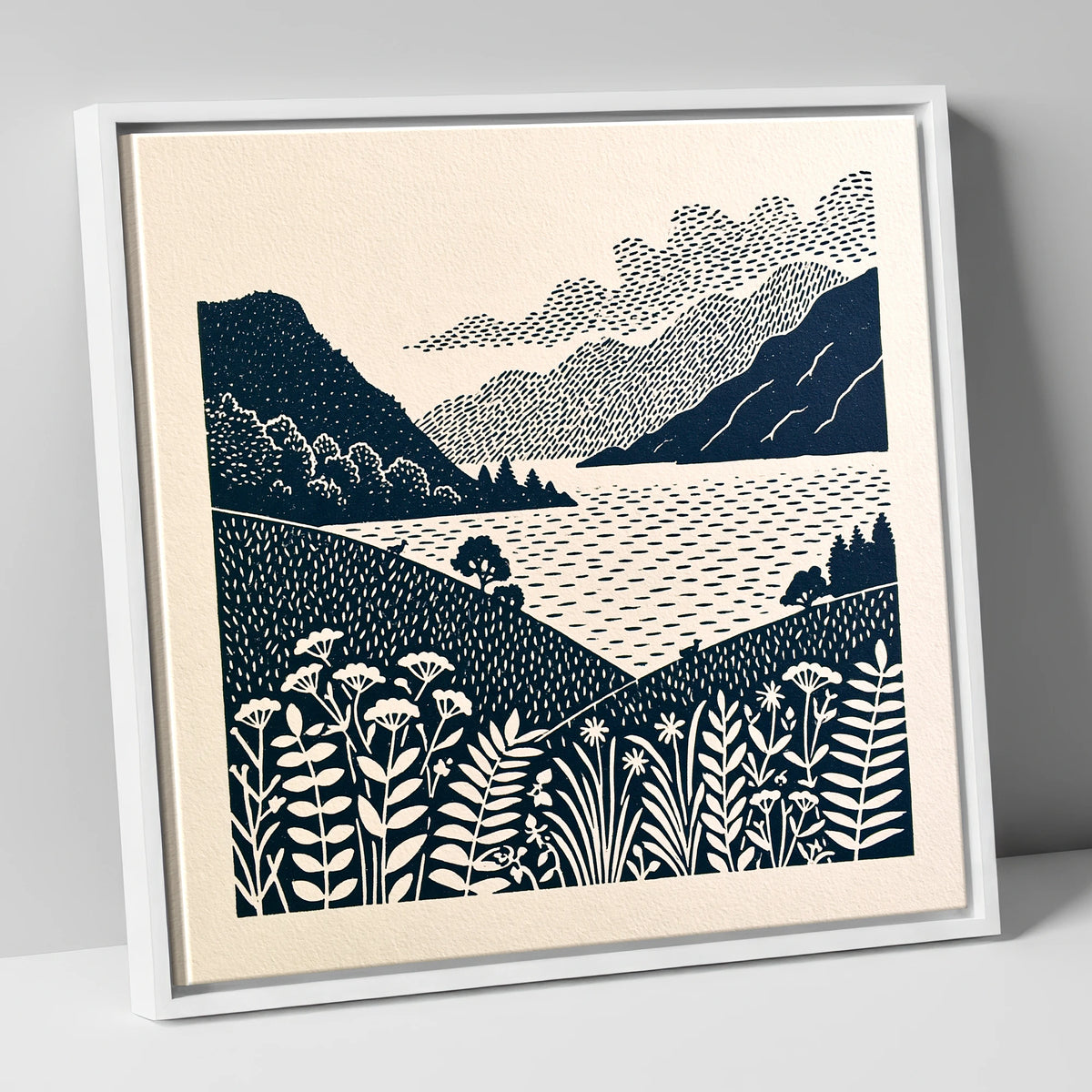 Graphic Ullswater and Layered Fells lake district lake canvas wall art in white frame