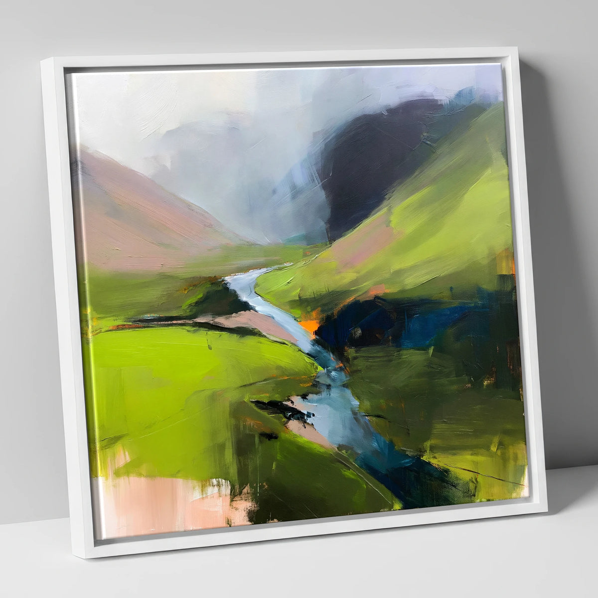 Winding River and Vibrant Fells lake district waterfall canvas wall art in white frame