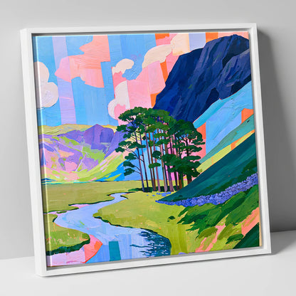 Vibrant Pines Below Haystacks lake district fell canvas wall art in white frame