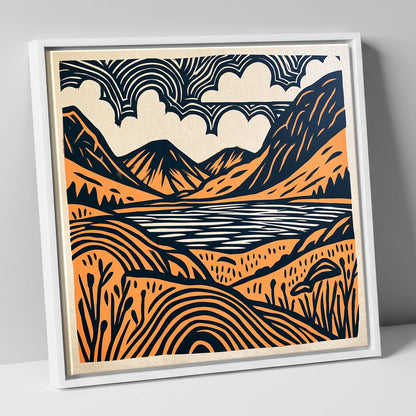 Ennerdale Water in Terracotta and Navy lake district valley canvas wall art in white frame