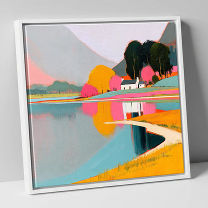 Vibrant Cottage and Lake Reflections lake district lake canvas wall art in white frame