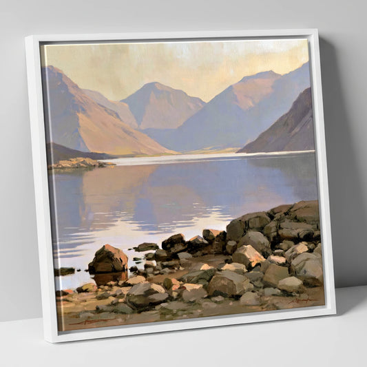 Lavender Fells above Wastwater lake district lake canvas wall art in white frame