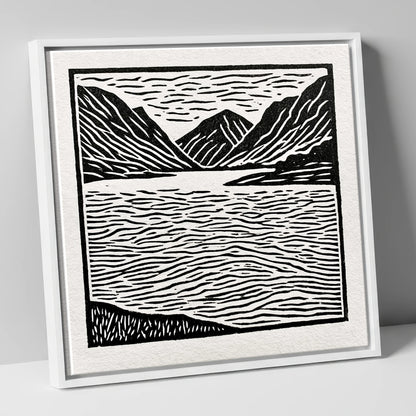 Lake and Fells in Monochrome lake district lake canvas wall art in white frame