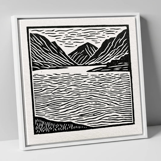 Lake and Fells in Monochrome lake district lake canvas wall art in white frame