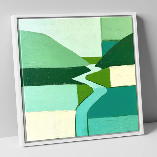 Abstract Winding River Valley lake district waterfall canvas wall art in white frame