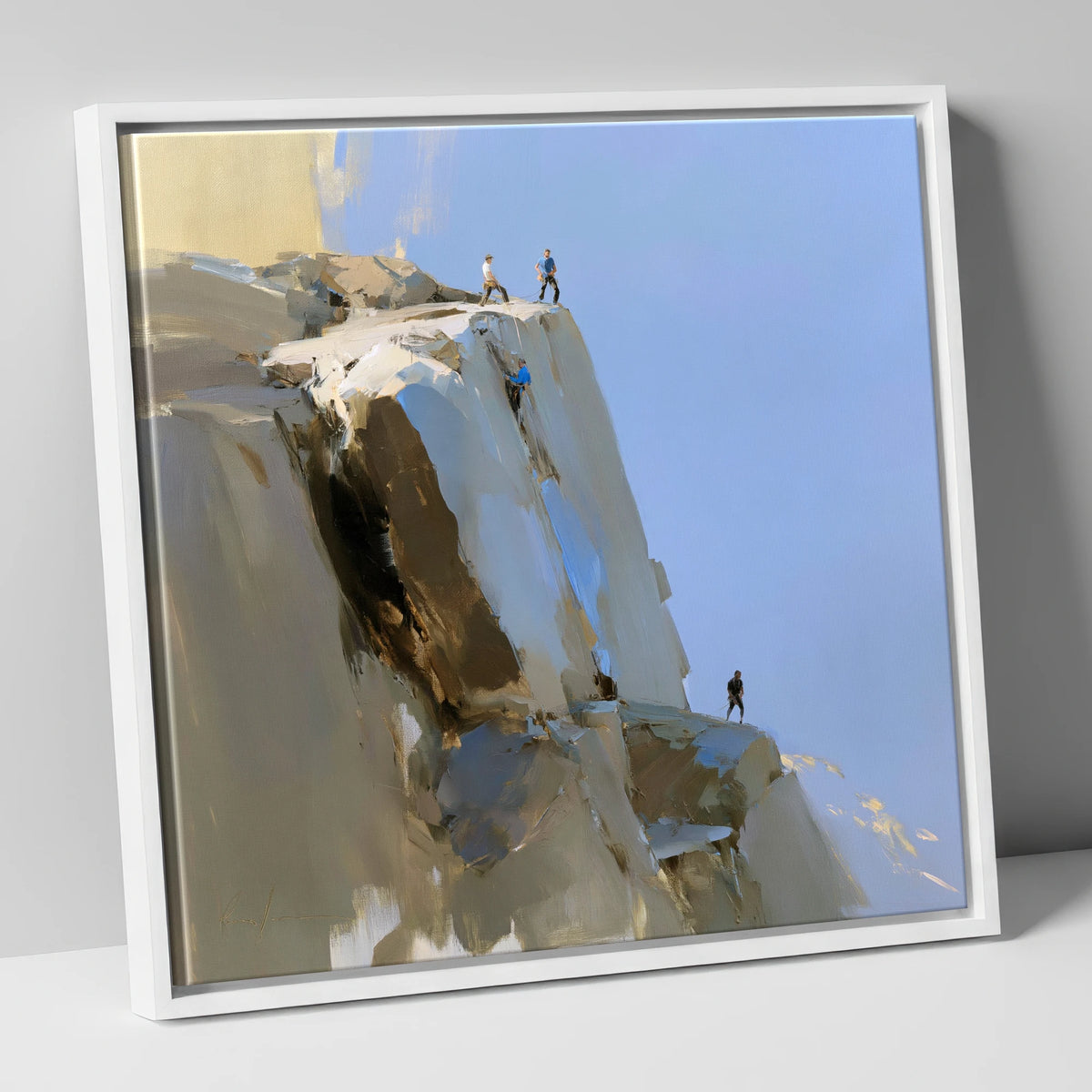 Climbers on a Sunlit Crag lake district walking canvas wall art in white frame