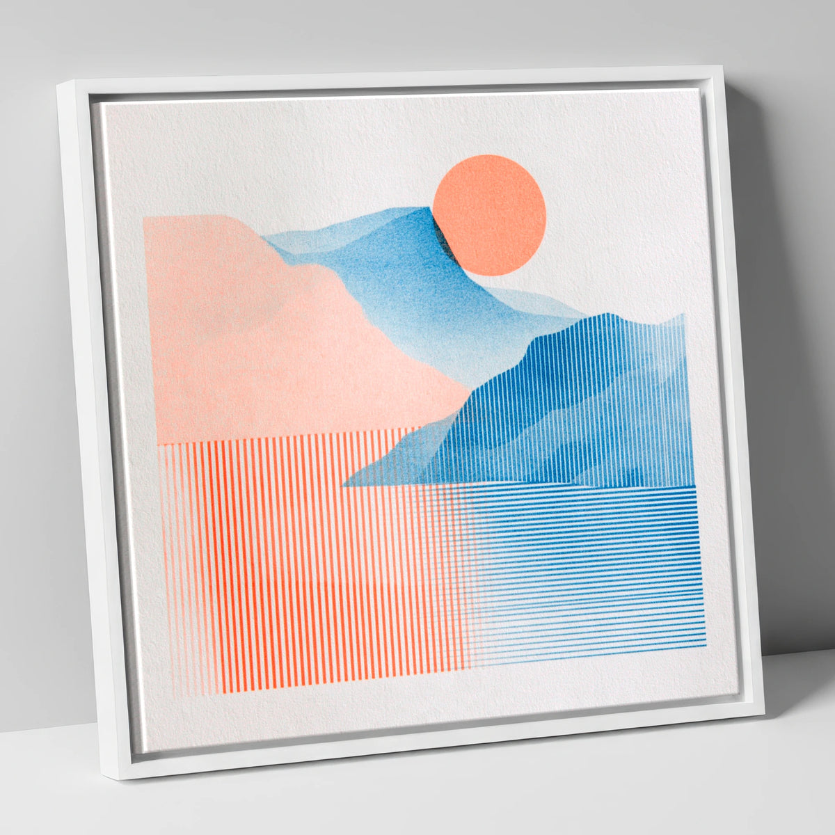 Geometric Derwentwater Sunrise lake district lake canvas wall art in white frame