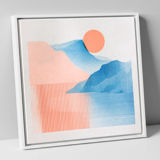 Geometric Derwentwater Sunrise lake district lake canvas wall art in white frame