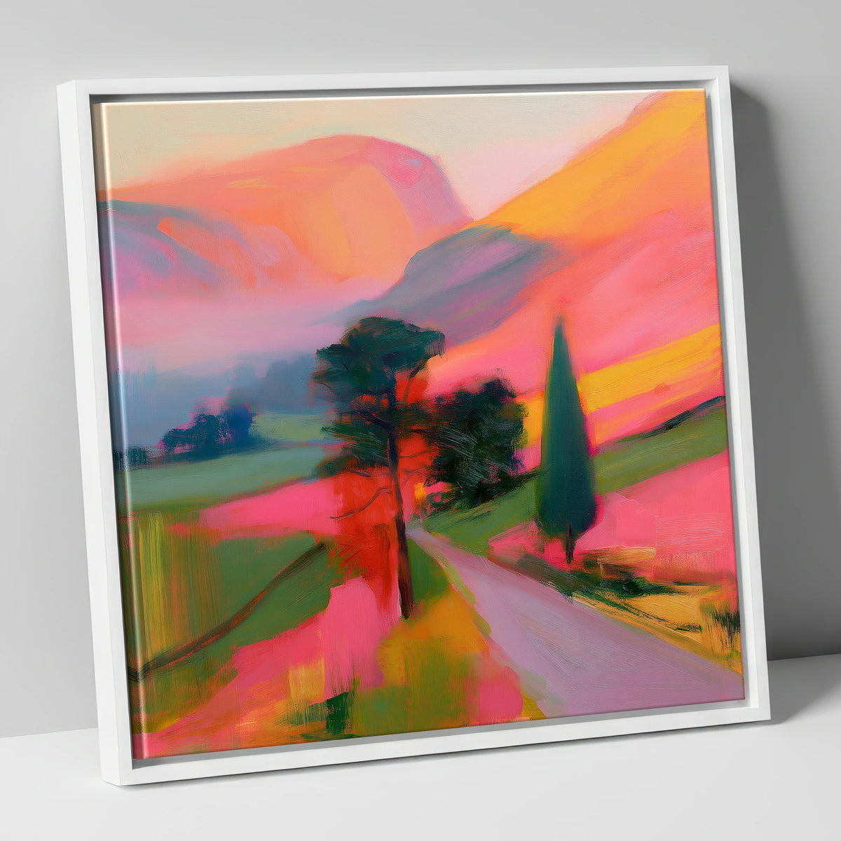 Neon Morning Valley Mist lake district sky canvas wall art in white frame