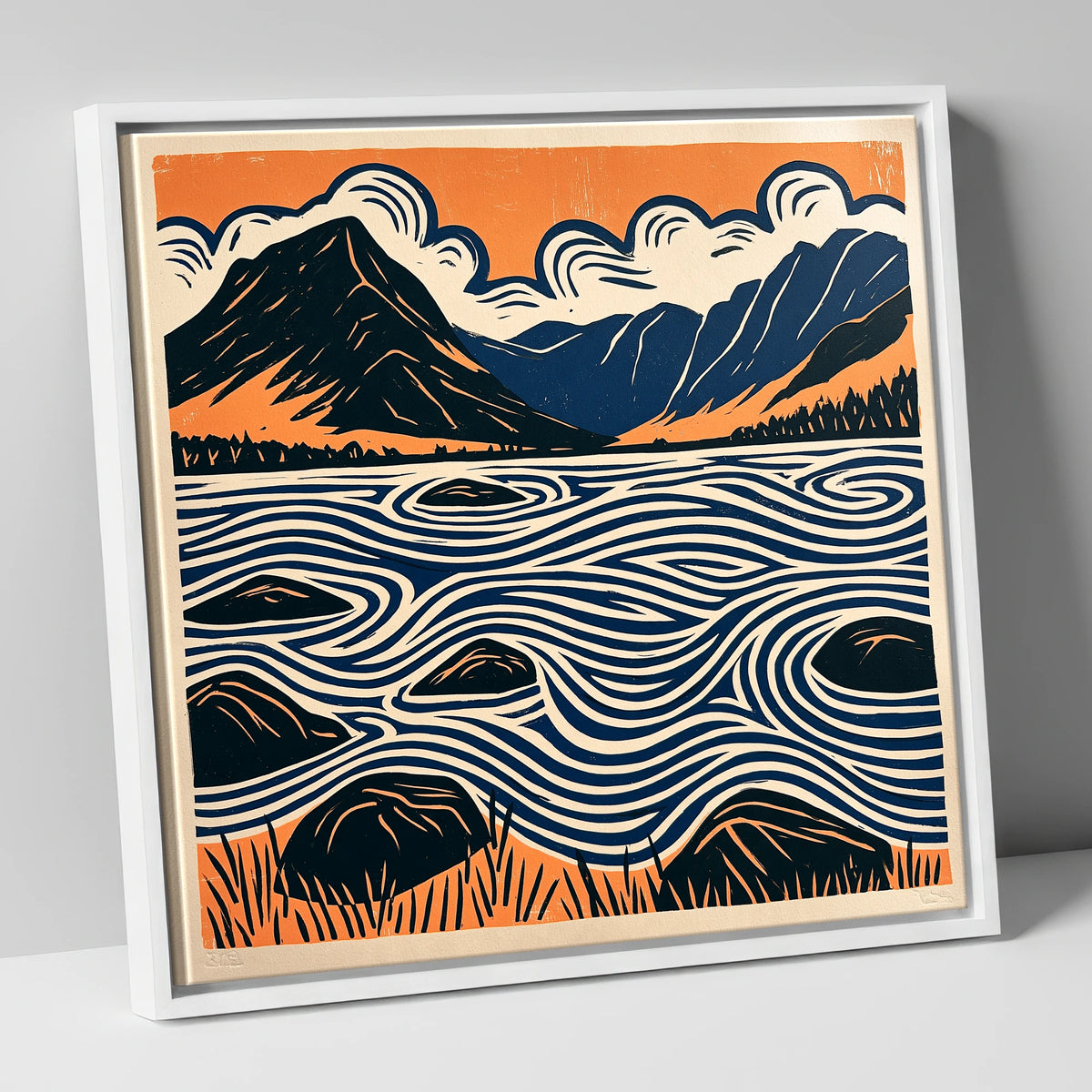 Crummock Water with Swirling Waves lake district lake canvas wall art in white frame