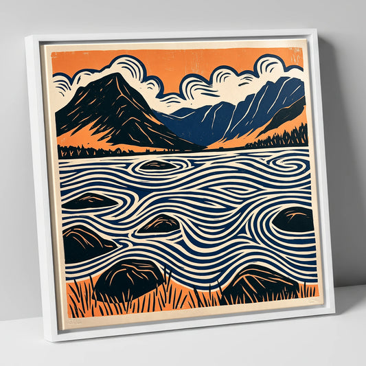 Crummock Water with Swirling Waves lake district lake canvas wall art in white frame