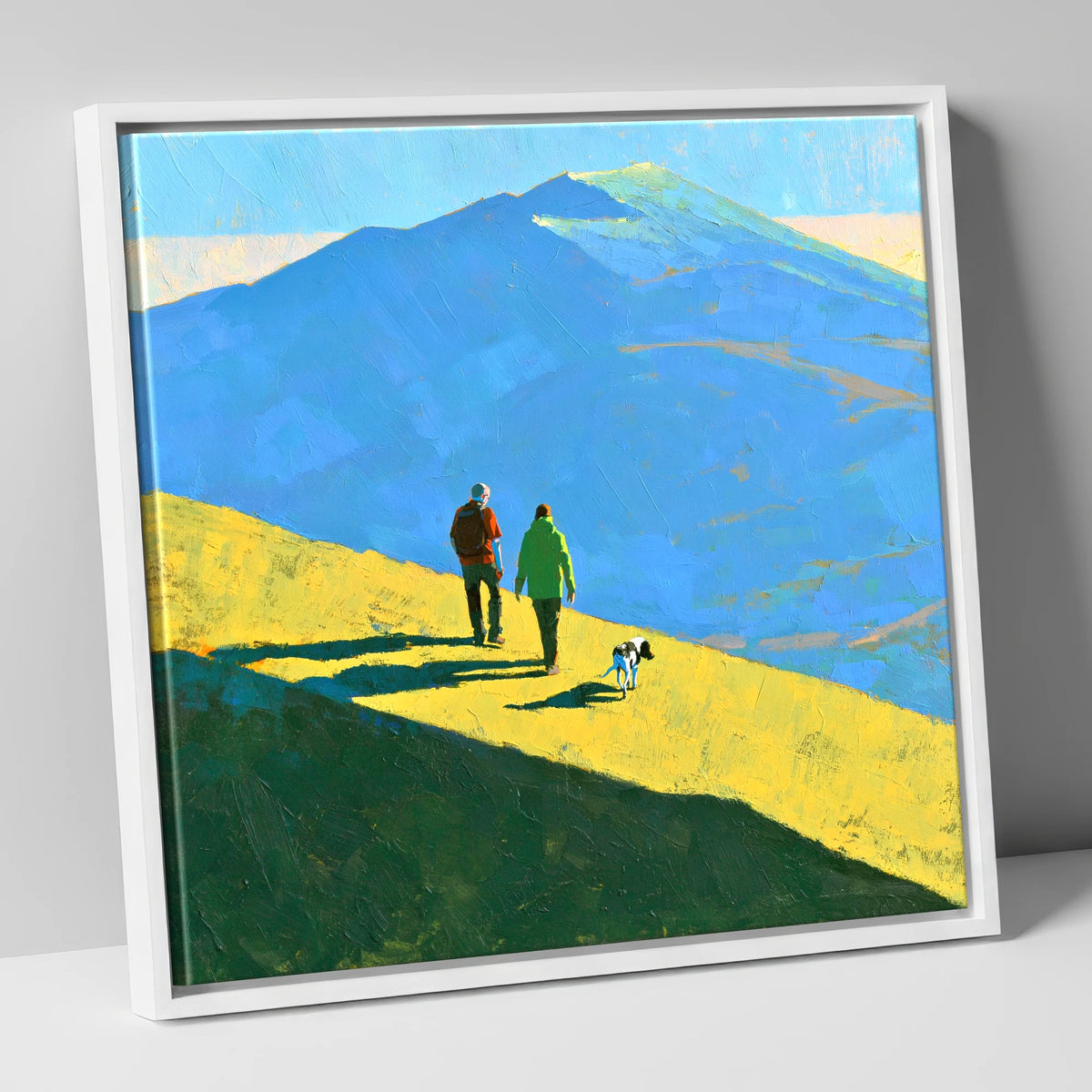 Sunlit Dog Walk on Skiddaw gifts for dog walkers canvas wall art in white frame