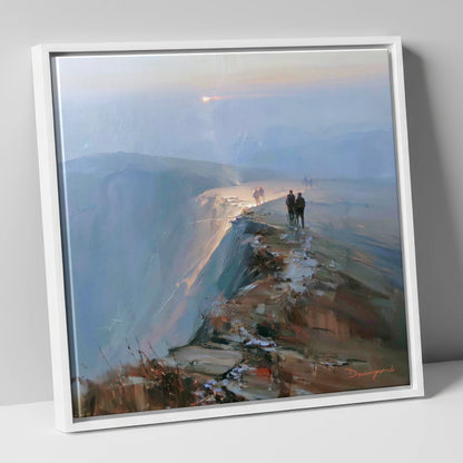 Hikers on a Hazy Fell Top lake district fell canvas wall art in white frame