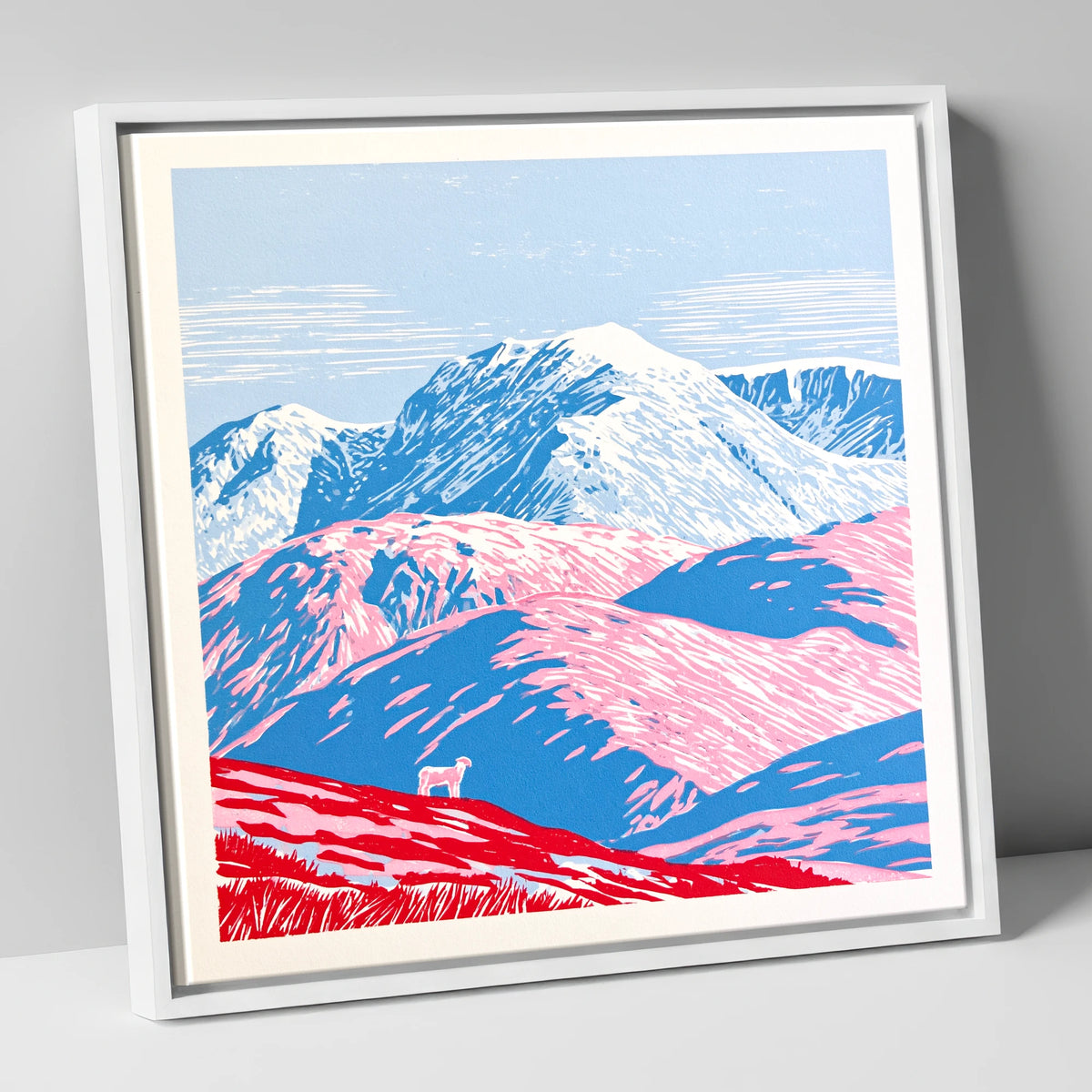 Vivid Pink Fells Below Bowfell lake district fell canvas wall art in white frame