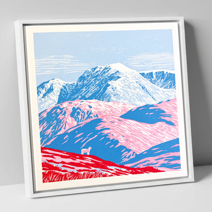 Vivid Pink Fells Below Bowfell lake district fell canvas wall art in white frame