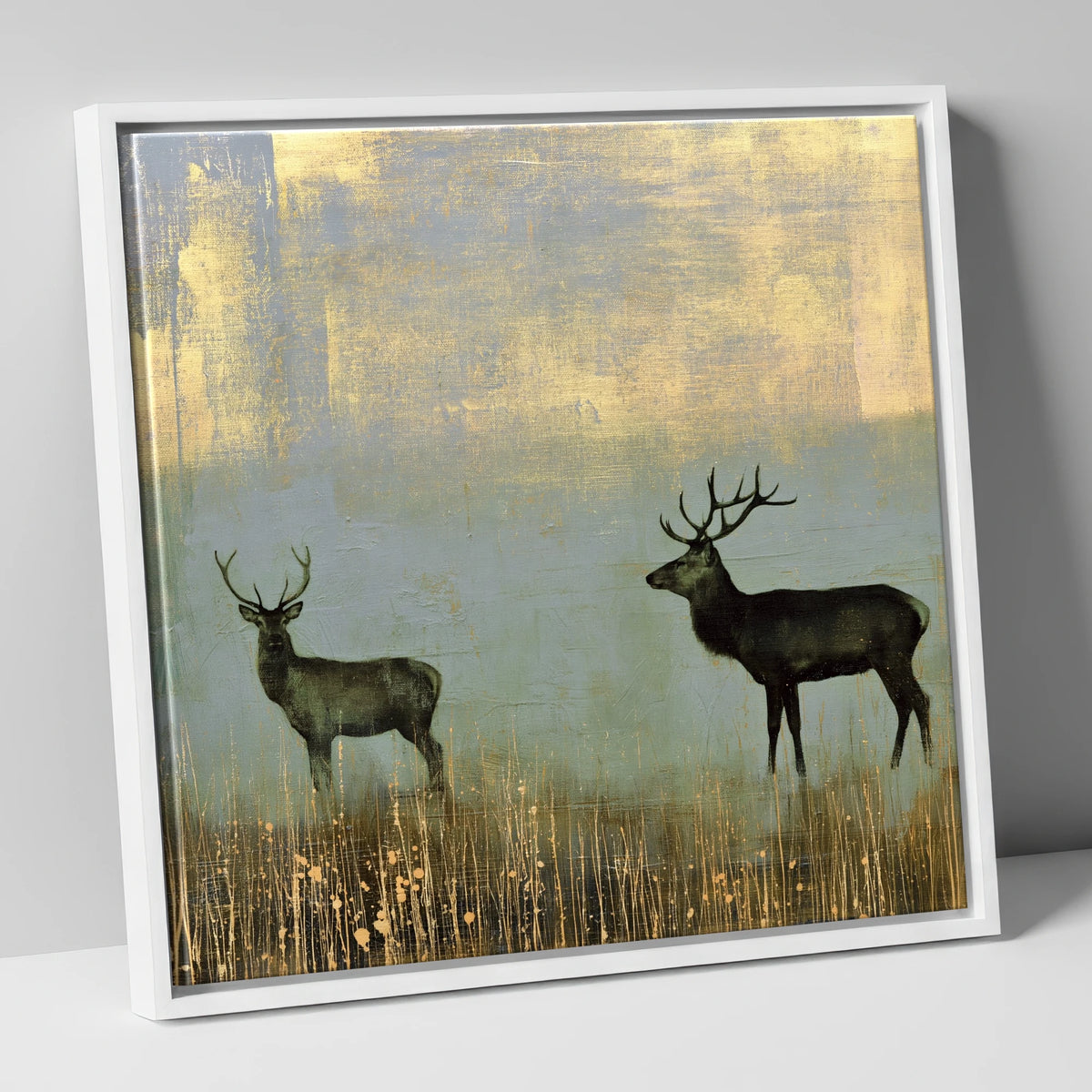 Red Deer in Slate and Gold lake district wildlife canvas wall art in white frame