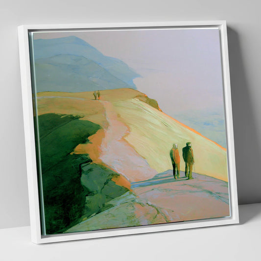 Hikers on a Golden Fell lake district fell canvas wall art in white frame