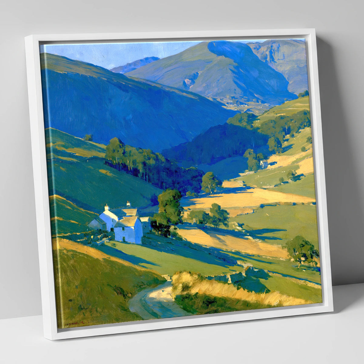 Valley Farm in Evening Light lake district sky canvas wall art in white frame