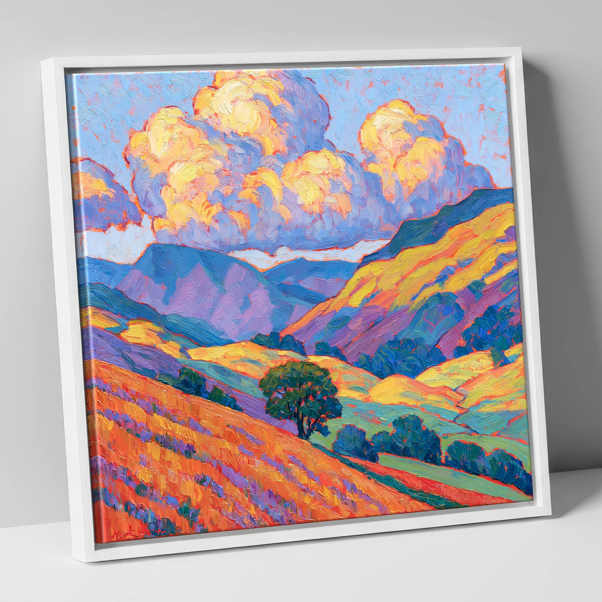 Golden Fellside with Violet Shadows lake district fell canvas wall art in white frame