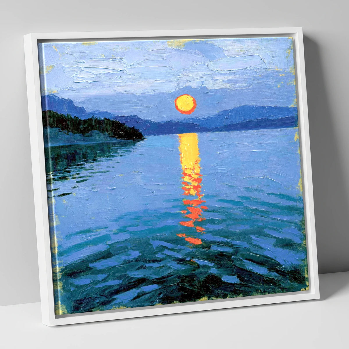 Fiery Sunset Over the Lake lake district lake canvas wall art in white frame