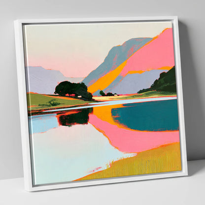 Vibrant Pink Lake At Dawn lake district lake canvas wall art in white frame