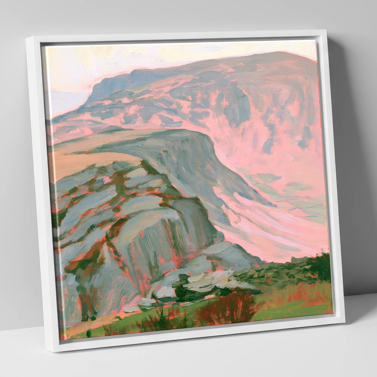 Pastel Pink Mountain Ridge lake district fell canvas wall art in white frame
