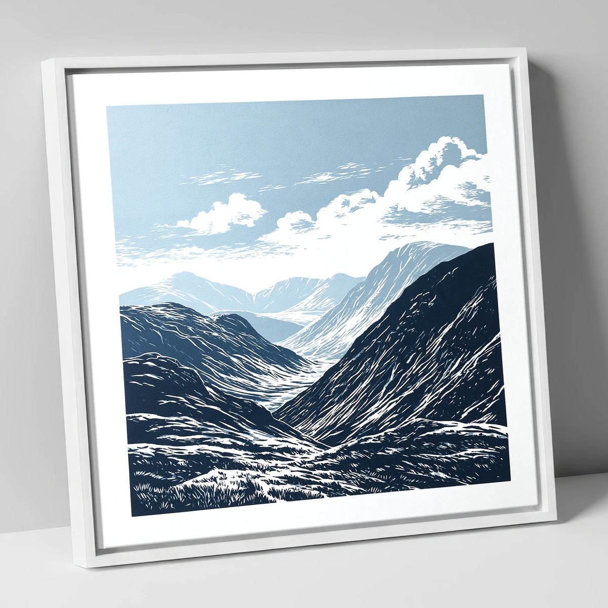 High Summit Valley in Navy lake district fell canvas wall art in white frame