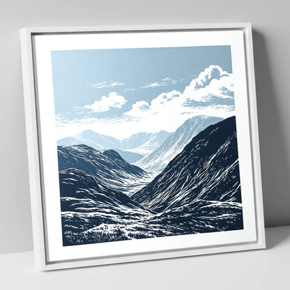 High Summit Valley in Navy lake district fell canvas wall art in white frame
