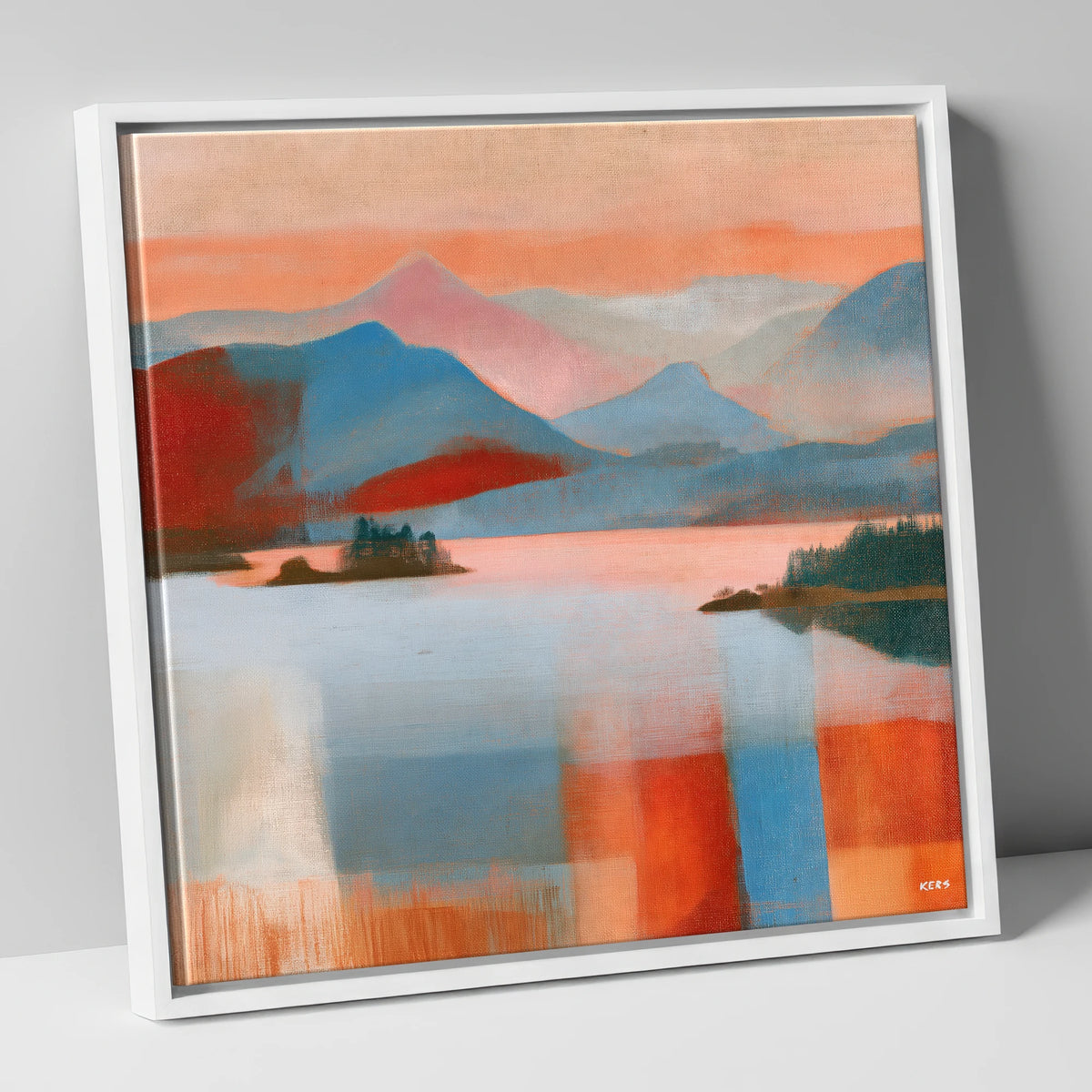 Abstract Derwentwater and Catbells Sunset lake district lake canvas wall art in white frame
