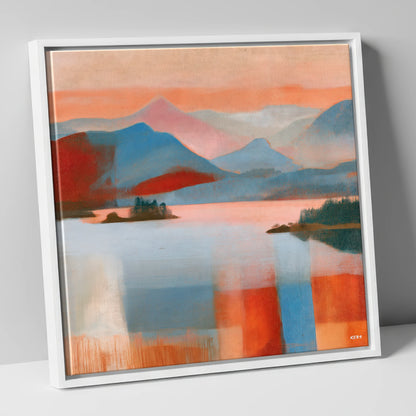 Abstract Derwentwater and Catbells Sunset lake district lake canvas wall art in white frame