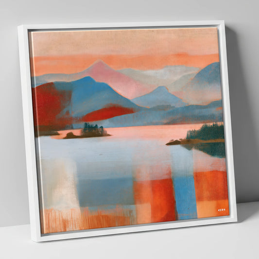 Abstract Derwentwater and Catbells Sunset lake district lake canvas wall art in white frame