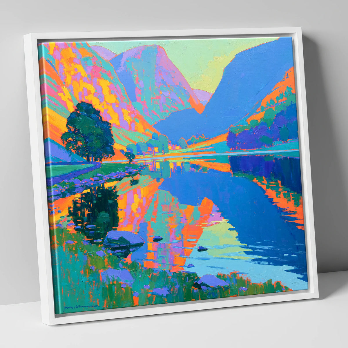 Vibrant Still Lake at Dawn lake district lake canvas wall art in white frame