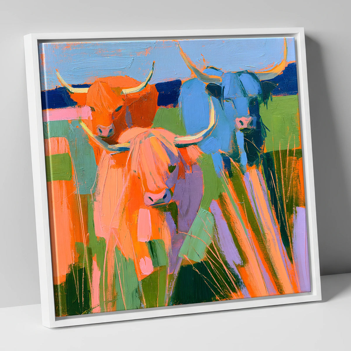 Vibrant Highland Cattle Trio lake district wildlife canvas wall art in white frame