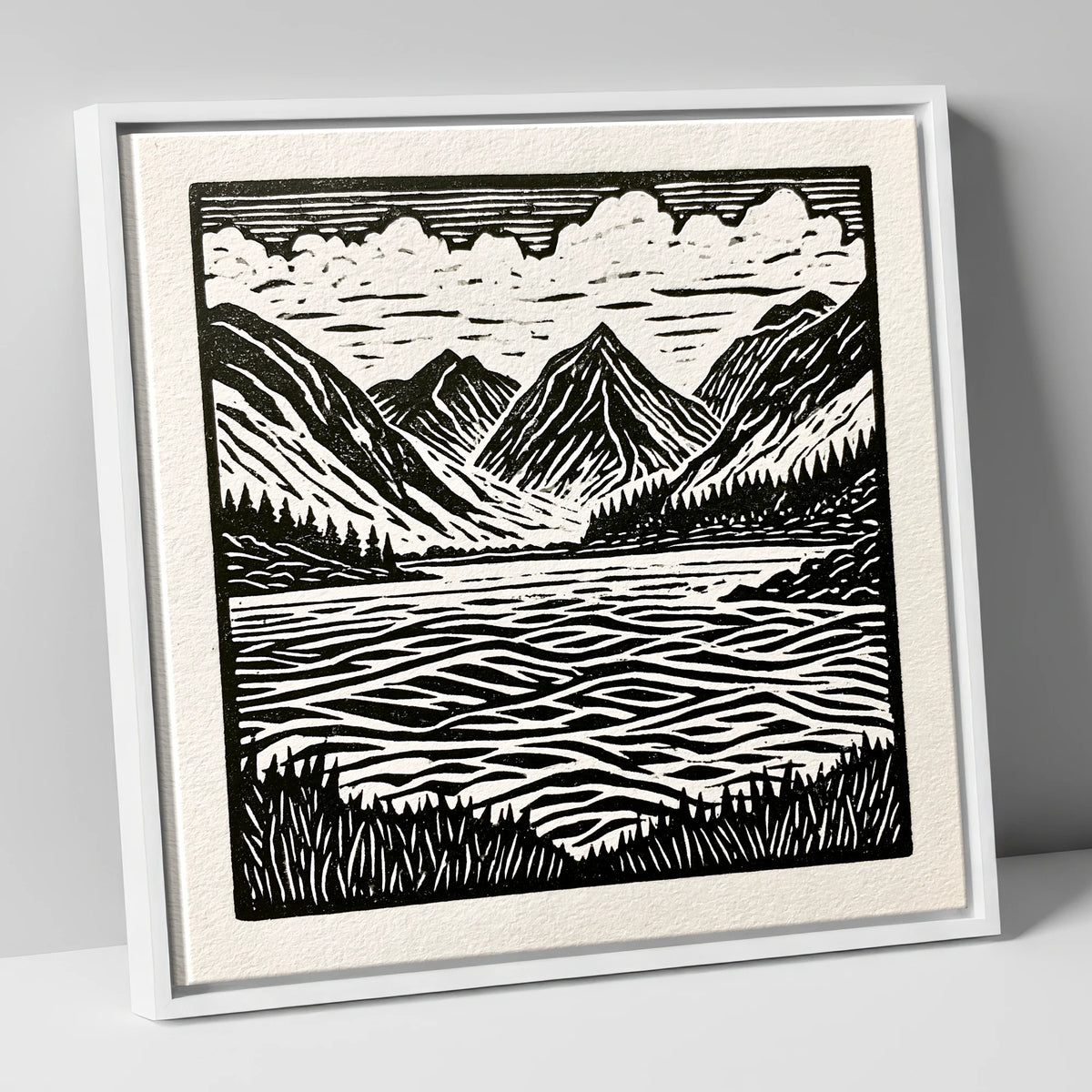 Bold Monochrome Ennerdale Landscape lake district valley canvas wall art in white frame