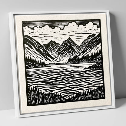 Bold Monochrome Ennerdale Landscape lake district valley canvas wall art in white frame