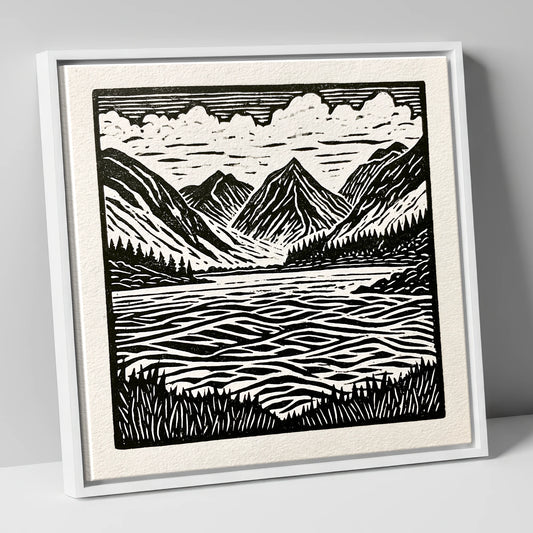 Bold Monochrome Ennerdale Landscape lake district valley canvas wall art in white frame