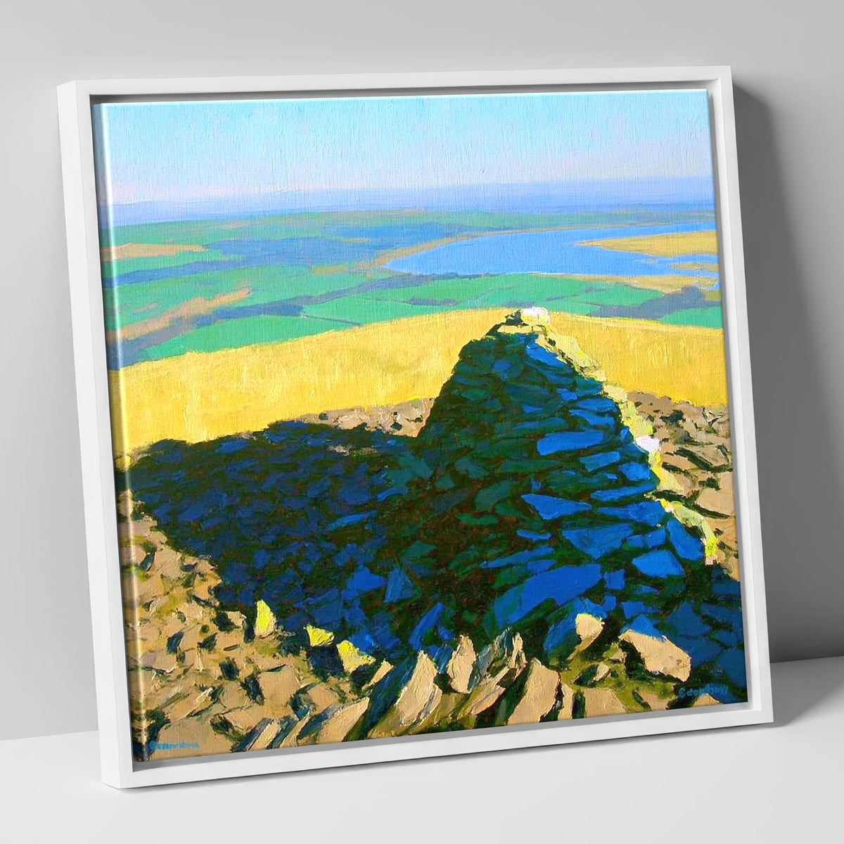 Vibrant Brae Fell Stone Cairn lake district fell canvas wall art in white frame