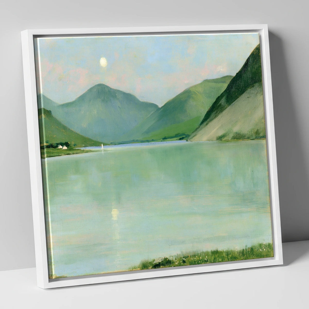 Pastel Moonrise Over Wastwater lake district sky canvas wall art in white frame