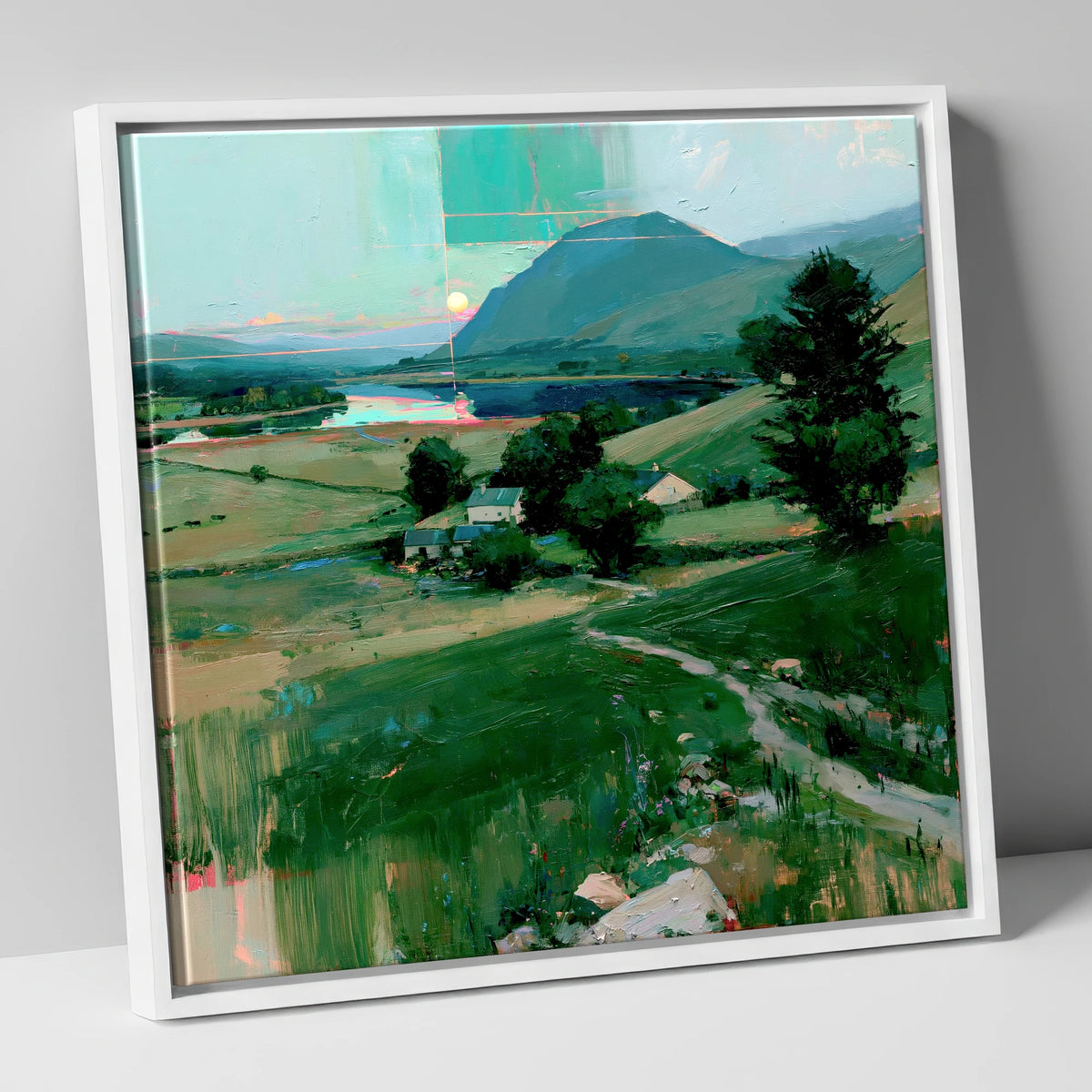 Neon Sunrise Over Lakeland Valley lake district lake canvas wall art in white frame