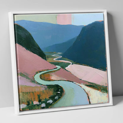 Mountain Pass in Blush and Teal lake district valley canvas wall art in white frame