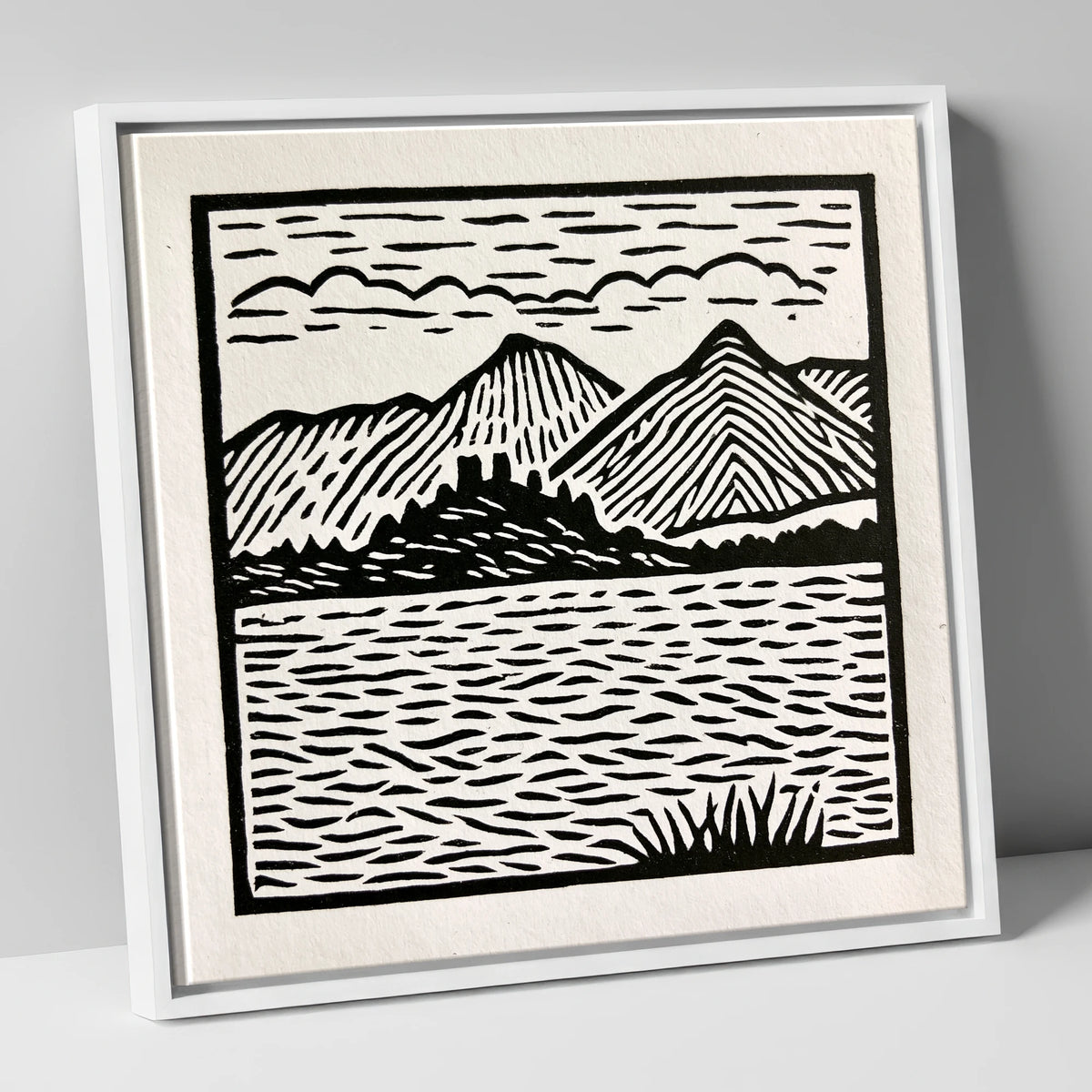 Monochrome Derwentwater Fells lake district lake canvas wall art in white frame
