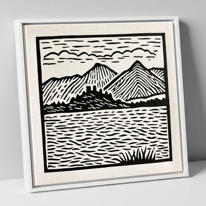 Monochrome Derwentwater Fells lake district lake canvas wall art in white frame