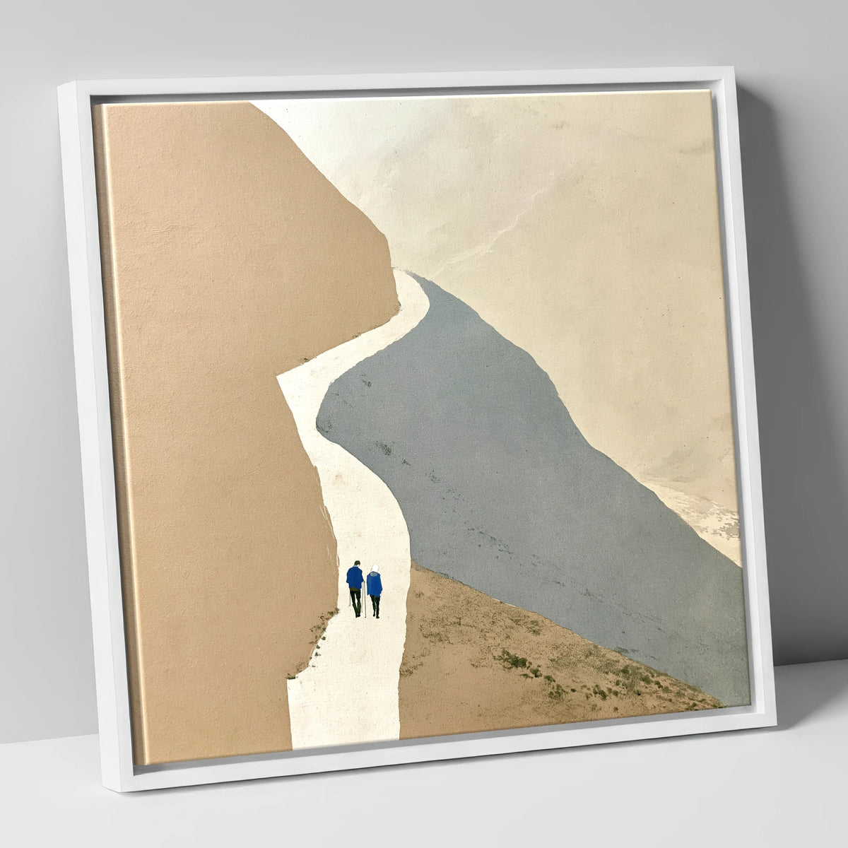 Fell Walkers on the Winding Slate Path lake district walking canvas wall art in white frame
