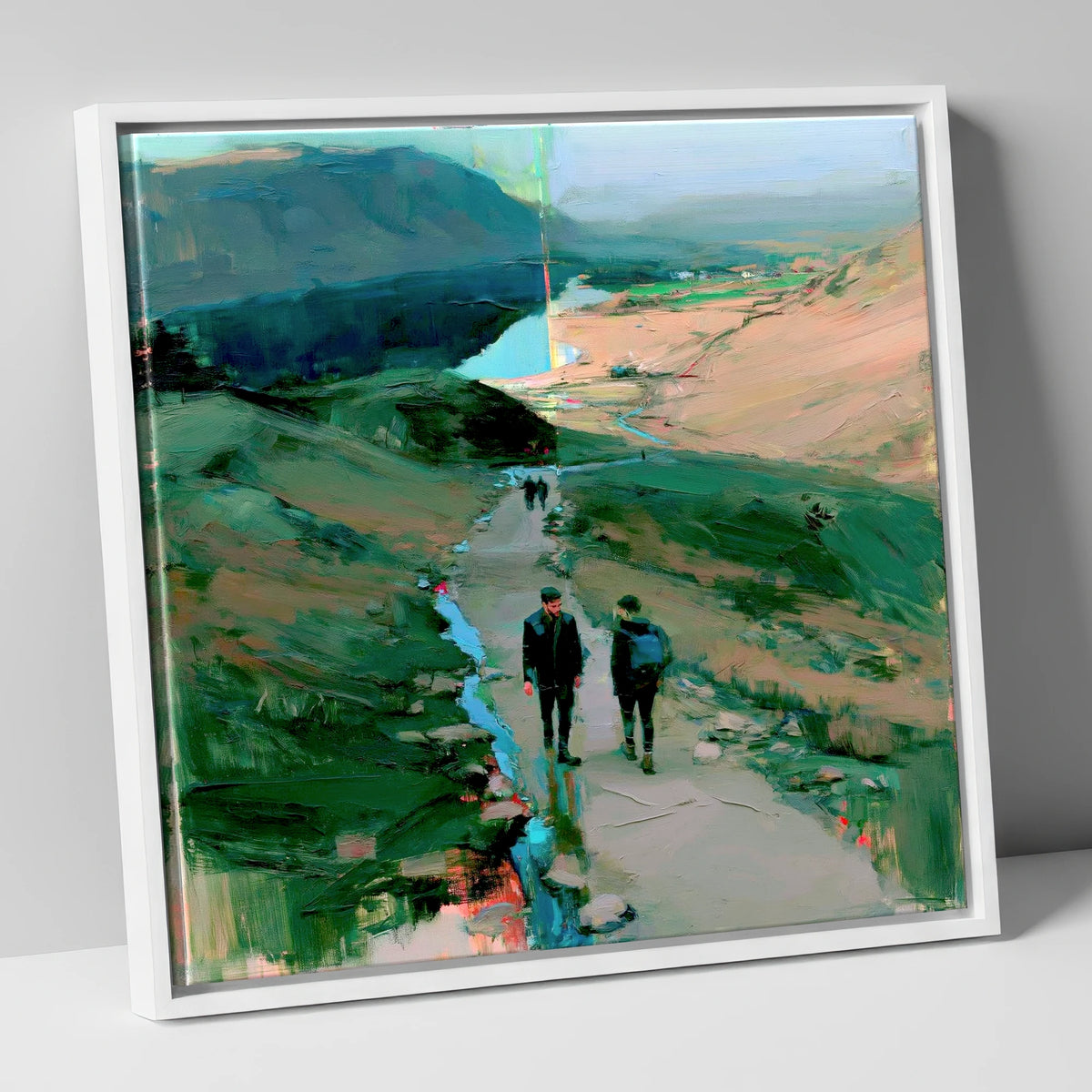 Mountain Hikers on the Fell Path lake district walking canvas wall art in white frame