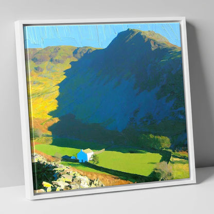 Harter Fell Over Valley Farm lake district fell canvas wall art in white frame