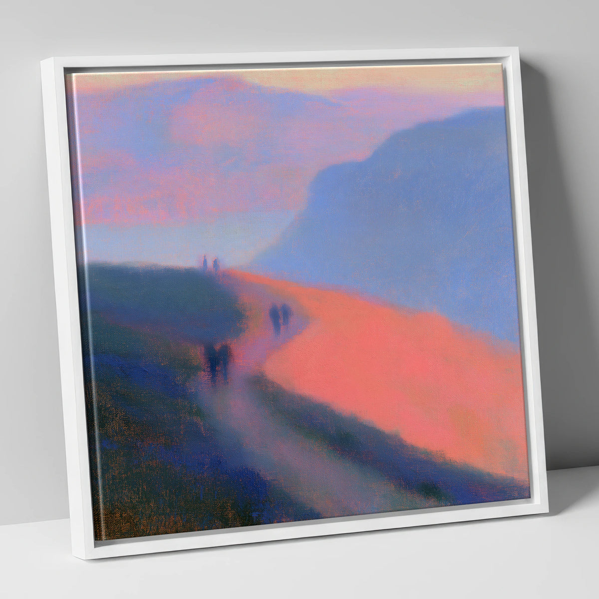 Twilight Walkers on a Fell Path lake district walking canvas wall art in white frame