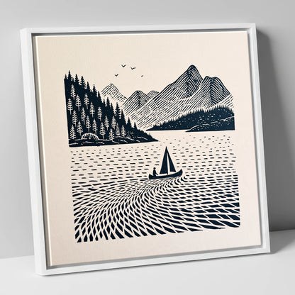 Dark Navy Derwentwater Sailing Scene lake district lake canvas wall art in white frame