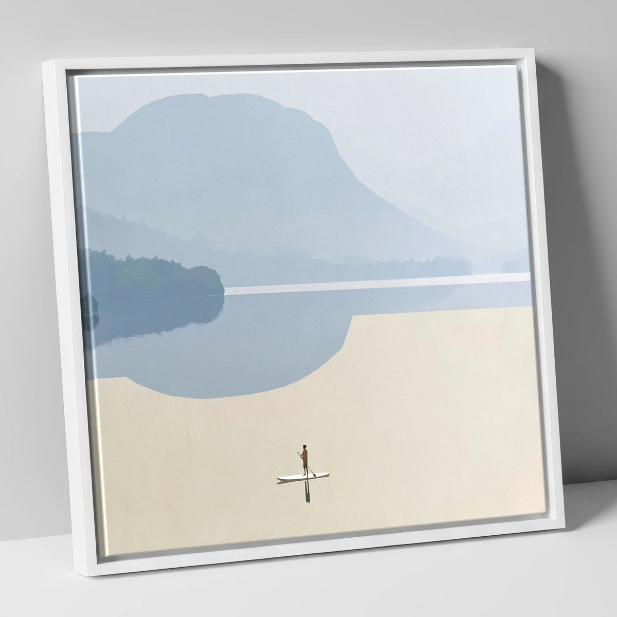 Paddleboarding Under Misty Blue Fells lake district walking canvas wall art in white frame